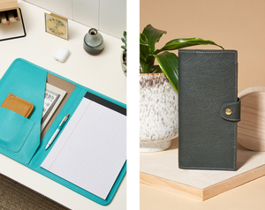 Side-by-Side Image of Turquoise Portfolio and Forest Green Leather Wallet made by LUND Leather