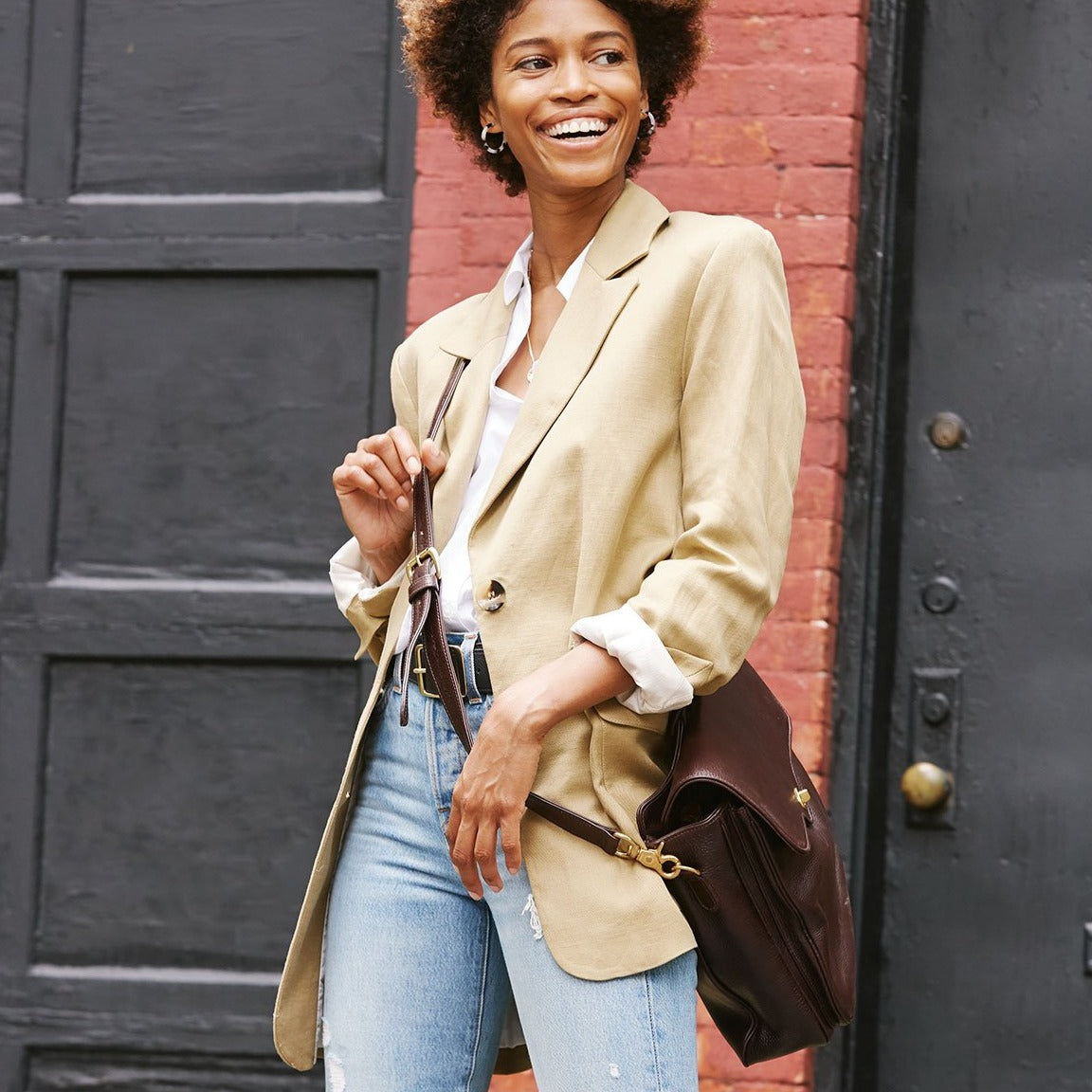 Model Wearing Lund Leather Brown Attache Bag