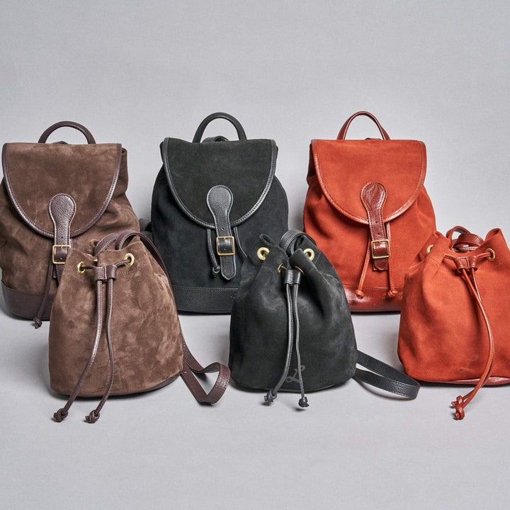 Espresso Suede Leather Drawstring Day Backpack Lund Leather