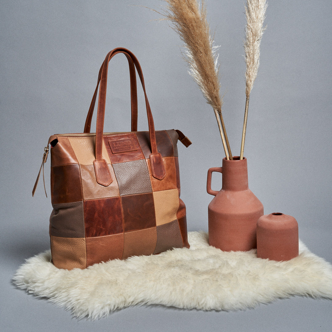 Brown Leathers Patchwork Tote Bag | Lund Leather